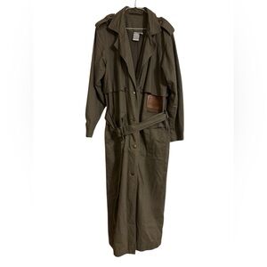 Together! Green Khaki Leather Trim 100% Cotton Duster Trench Long Coat